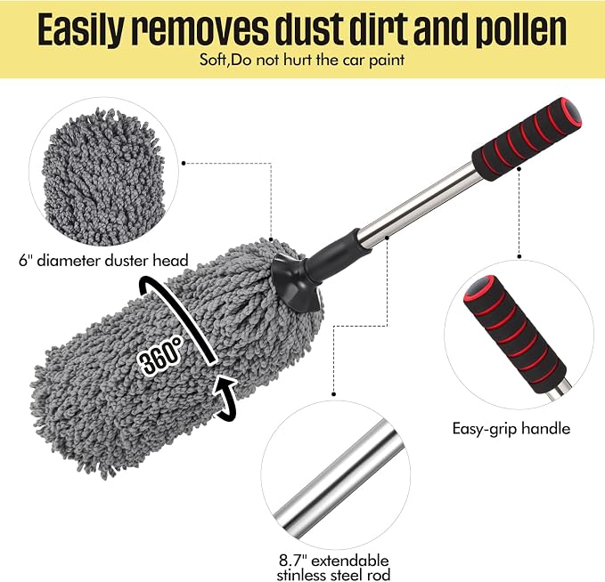 Lounsweer 4 Pcs Large Car Duster Set Microfiber Dust Cleaning Sets with Extendable Handle Exterior Duster Dashboard Detailing Brush Interior Exterior Cleaning Sets for Auto Truck Boat