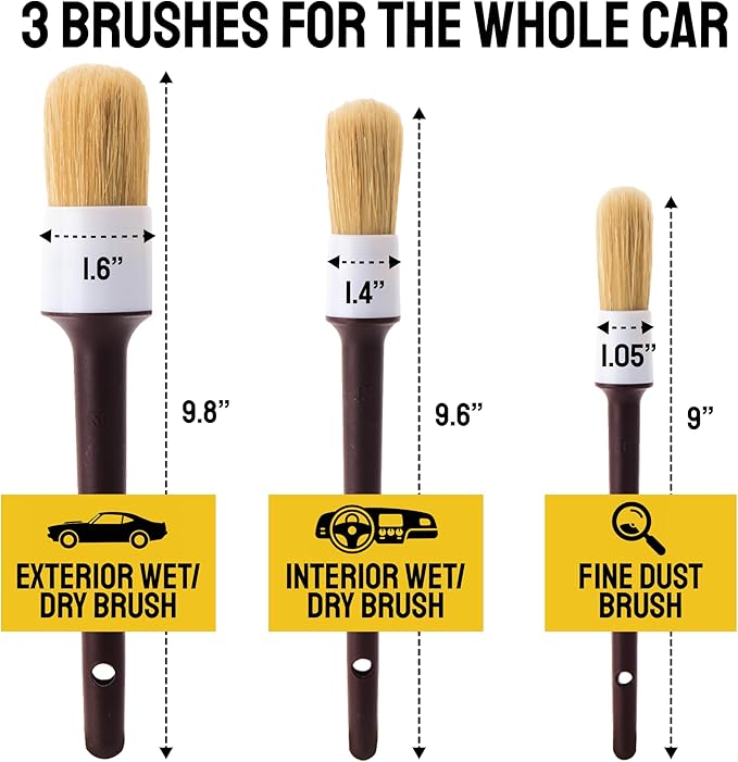 Car Detailing Brush Set 3-Pack - Soft Boar Hair Interior & Exterior Detailing Kit - Car Interior Cleaning Brushes for Leather, Piano Black Trim, Dashboards, Wheels and Engine Bay - Detail Dudes