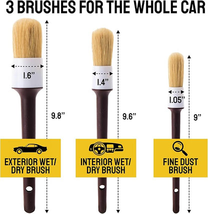 Car Detailing Brush Set 3-Pack - Soft Boar Hair Interior & Exterior Detailing Kit - Car Interior Cleaning Brushes for Leather, Piano Black Trim, Dashboards, Wheels and Engine Bay - Detail Dudes