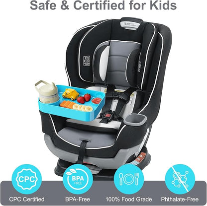 Car Seat Snack Tray for Toddlers - 3 Inch Cup Holder Fits Most Sippy Cups & Straw Bottles with Dip Well, Mess-Free Square Kids Travel Tray Road Trip Essentials, Sky Blue