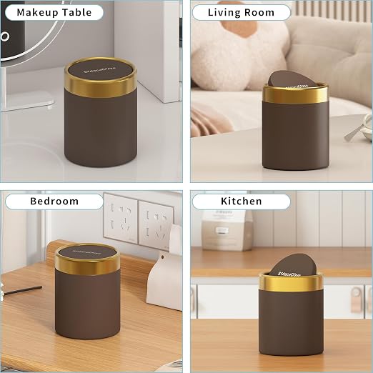 Countertop Trash Can with Lid for Desk Top,0.4 Gallon Stainless Steel Mini Trash Can for Desk、Car、Office、Kitchen,Swing Top Trash Bin with a Roll of Trash Bag(Brown)