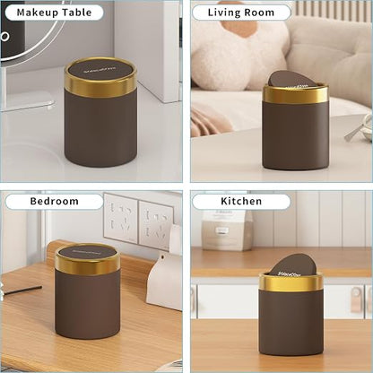 Countertop Trash Can with Lid for Desk Top,0.4 Gallon Stainless Steel Mini Trash Can for Desk、Car、Office、Kitchen,Swing Top Trash Bin with a Roll of Trash Bag(Brown)