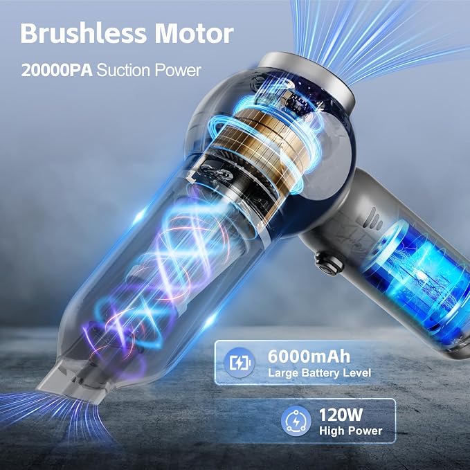 6 in 1 Mini Car Vacuum Cleaners, 20000PA Portable Vacuum for Car,120W High Power Hand Held Vacuum Cordless and Air Duster for Home, Office, Pet