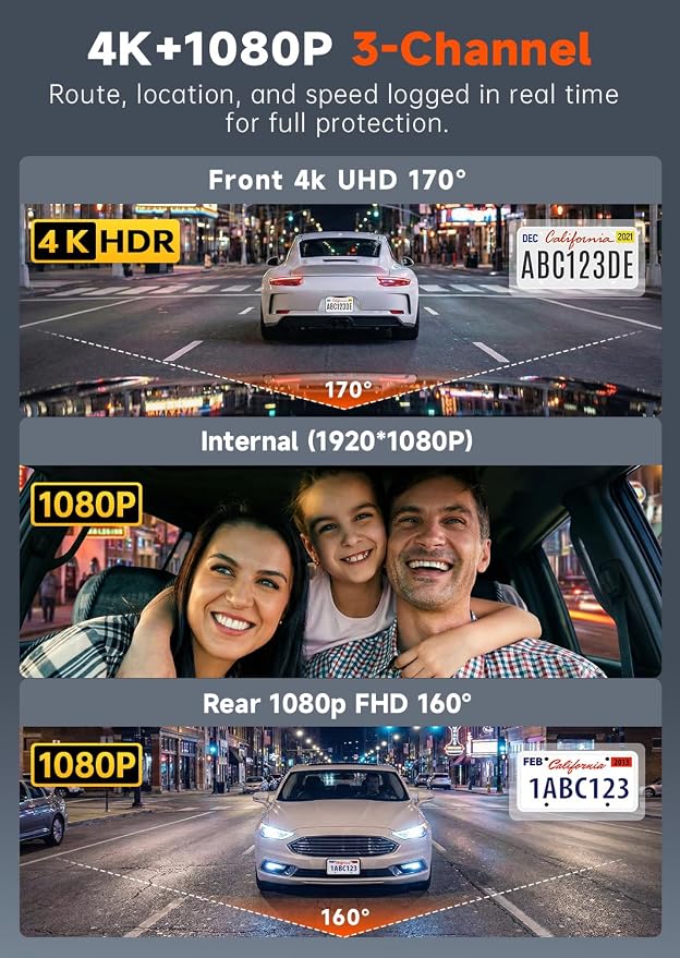 4K 3 Channel Dash Cam Front and Rear Inside, Dash Camera for Cars WDR Night Vision, 2 Inch IPS Screen WiFi App Control, 24H Parking Mode G-Sensor 32GB SD Card Included Support 256 GB Max