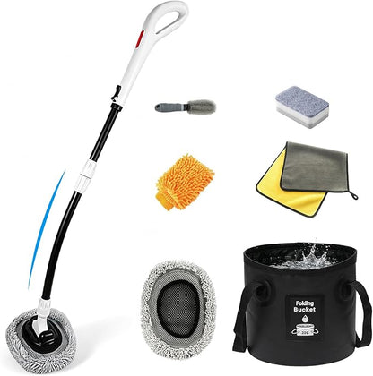 7-in-1, Car Wash Brush 15°Curved with 47" Long Handle and 90° Rotating Replaceable Brush Head, Car Wash Kit with Microfiber Towel and Tire Brush for Car, SUV, RV, Floor Cleaning-White.