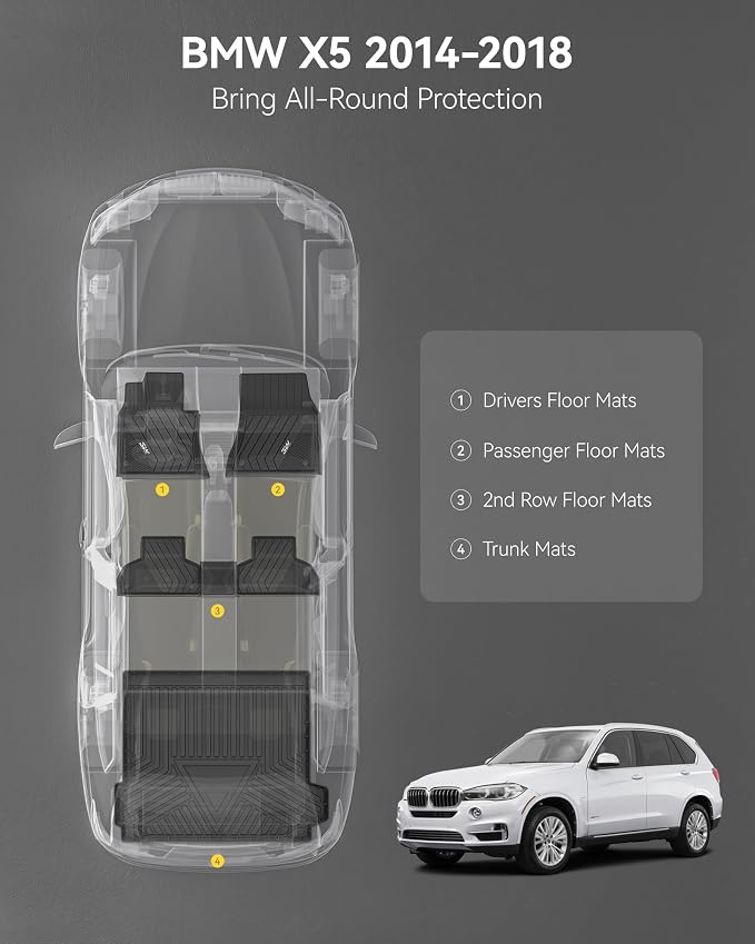 3W BMW X5 Floor Mats & Cargo Liner Fit for BMW X5 2014 2015 2016 2017 2018, TPE All Weather Custom Fit Full Set Heavy Duty Floor Liner&Trunk Mat Car Accessories