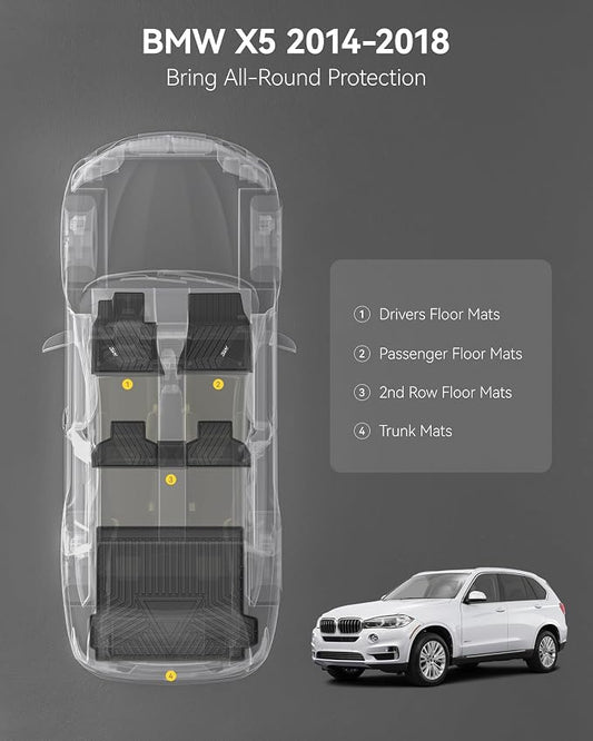 3W BMW X5 Floor Mats & Cargo Liner Fit for BMW X5 2014 2015 2016 2017 2018, TPE All Weather Custom Fit Full Set Heavy Duty Floor Liner&Trunk Mat Car Accessories
