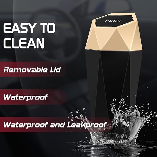 Car Trash Can with Lid, Mini Car Trash Cup with 30 Additional Trash Bags, Car Accessories for Interior, Leakproof Vehicle Garbage Bin for Car, Home, Office - 2 Packs, Gold