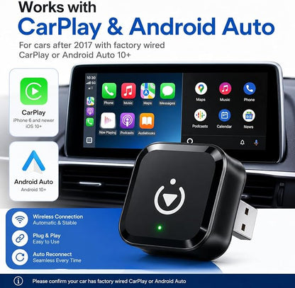 2026 Wireless CarPlay Adapter for iPhone & Android Auto, Mini Wired to Wireless Car Play Adapter, Fast Low-Lag Auto-Connect Bluetooth CarPlay Dongle, Stable Connection, USB & Type-C for Cars