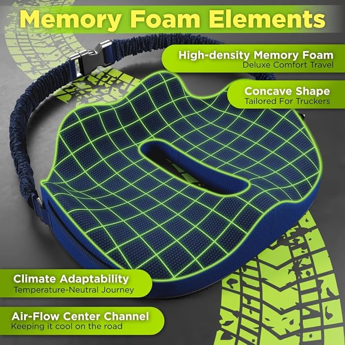 Medium Truck Seat Cushion for Truck Driver Seat Cushion - Upgraded Back Support, CertiPUR-US® Certified - Thick Memory Foam, Pain Relief for Hours of Driving, Trucker Approved Big Rig - Navy