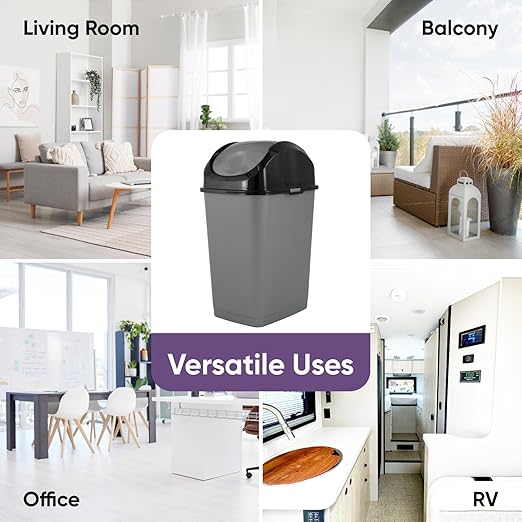 Superio Small Trash Can with Lid 4.5 Gallon Plastic Swing Top Garbage Can Slim Waste Bin for Under Sink/Cabinet, Laundry Room, Kitchen, Office, Bedroom, Bathroom, College Dorm, 18 Qt, Gray/Black