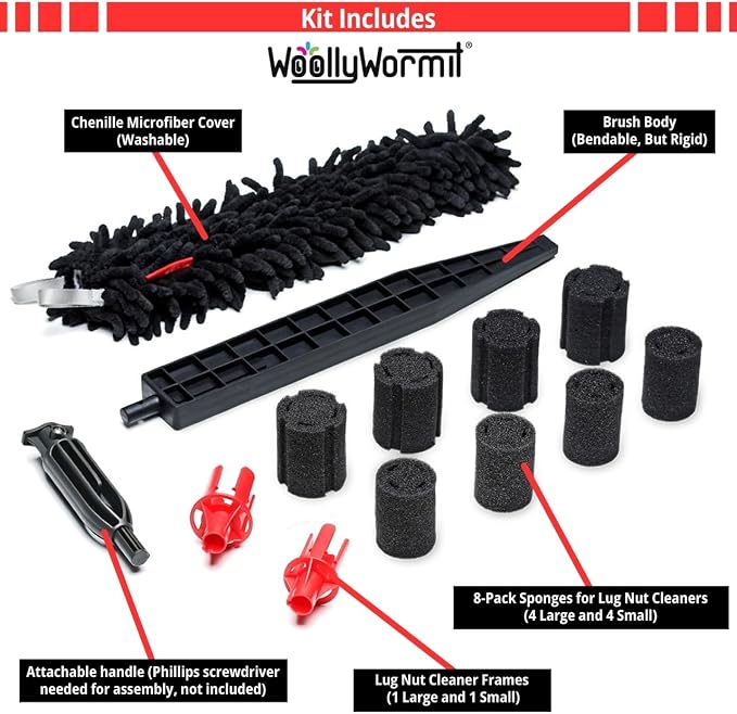 Woollywormit Wheel Cleaning Brush Car Detailing Kit - Rim Brush, Lug Nuts and Wheel Cleaner Brush Car Wash Kit -Tire Brushes for Cleaning Rims - Car Cleaning Supplies and Rim Cleaner Brush Set