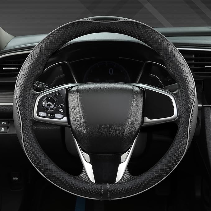 West Llama Microfiber Leather Car Steering Wheel Cover for Honda Civic, CR-Z, Insight, S2000,14-14.25 inch (Black+Gray Line-Small Size)