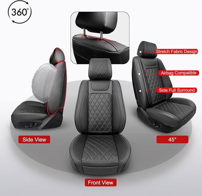 BEITK 2 Pack Leather Front Car Seat Covers,Universal Breathable Full Surround Leather Car Seat Cover Protector,Split Waterproof Luxury Auto Black Seat Cover Cushion for Sedan Cars Pick-up Trucks SUV