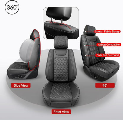 BEITK 2 Pack Leather Front Car Seat Covers,Universal Breathable Full Surround Leather Car Seat Cover Protector,Split Waterproof Luxury Auto Black Seat Cover Cushion for Sedan Cars Pick-up Trucks SUV