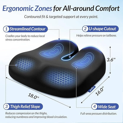 ZIKEE Ergonomic Seat Cushion with Thigh Slope for Long Sitting, Memory Foam Office Chair Cushion for Car, Home, U-Shaped Design Relieves Hip, Tailbone Pain, Non-Slip Sciatica Pain Relief Pillow