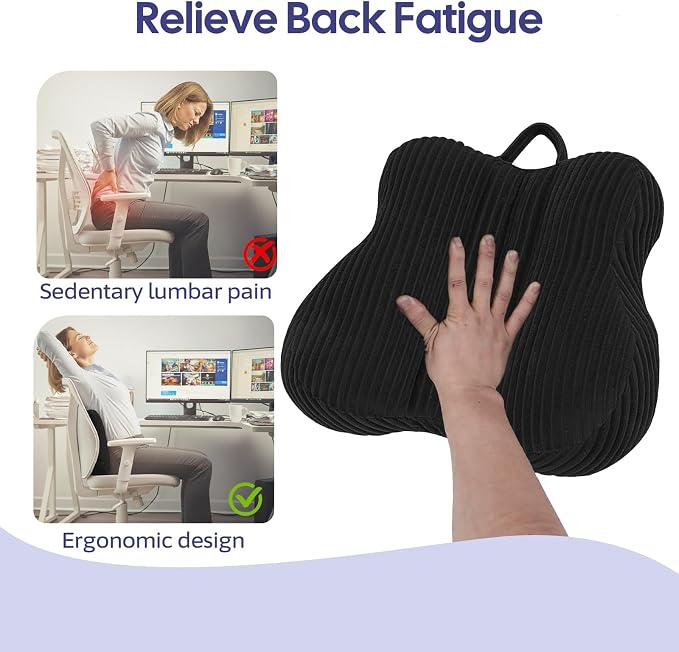 Lumbar Support Pillow for Recliner, Back Support Pillow for Office Chair, Back Cushion with Shredded Foam for Back Pain Relief & Reading, Lumbar Cushions for Couch, Sofa Seat, Car, Black