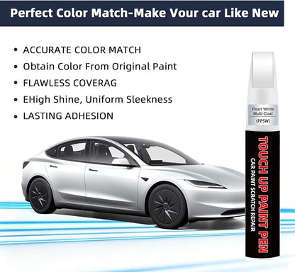 Pearl White Multi-Coat(PPSW) Car Touch Up Paint for Tesla 2-in-1 Car Scratch Repair Pen with Fine Tip&Brush, DIY Color-Code Matched Auto Paint for Rock Chips Door Scratches Paint Nicks Bumper Marks
