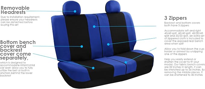 FH Group Automotive Seat Covers Light & Breezy Flat Cloth Full Set - Universal Car, Truck, SUV, or Van (Blue/Black) FB030115
