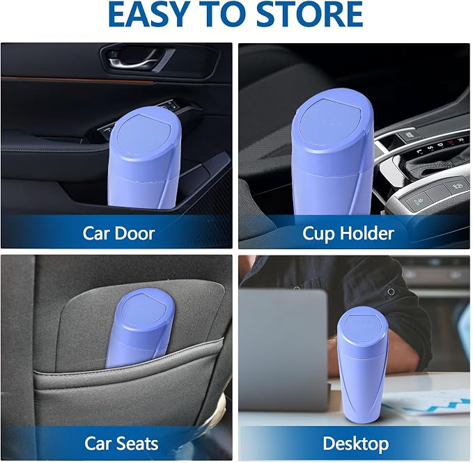 Hovom Mini Car Trash Can with Lid, Portable Garbage Can for Car, Leakproof Cup Holder Automotive Garbage Bin with 2 Rolls of Trash Bags, Small Trash Storage Can for Car Home Office(Dark Blue)