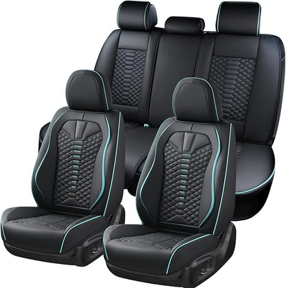 Coverado Leather Seat Covers, Car Seat Covers Full Set, Nappa Leather Seat Covers for Cars, Car Seat Protector Waterproof, Black Car Seat Cover, Universal Seat Cover Fit for Most Cars(Black&Blue)