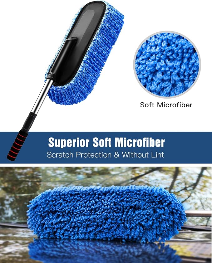 YeewayVeh Car Duster Exterior Scratch Free Microfiber Car Cleaning Brush, Extendable Handle Pollen and Dust Brush for Truck, SUV, Vehicles and Home Cleaning, Blue