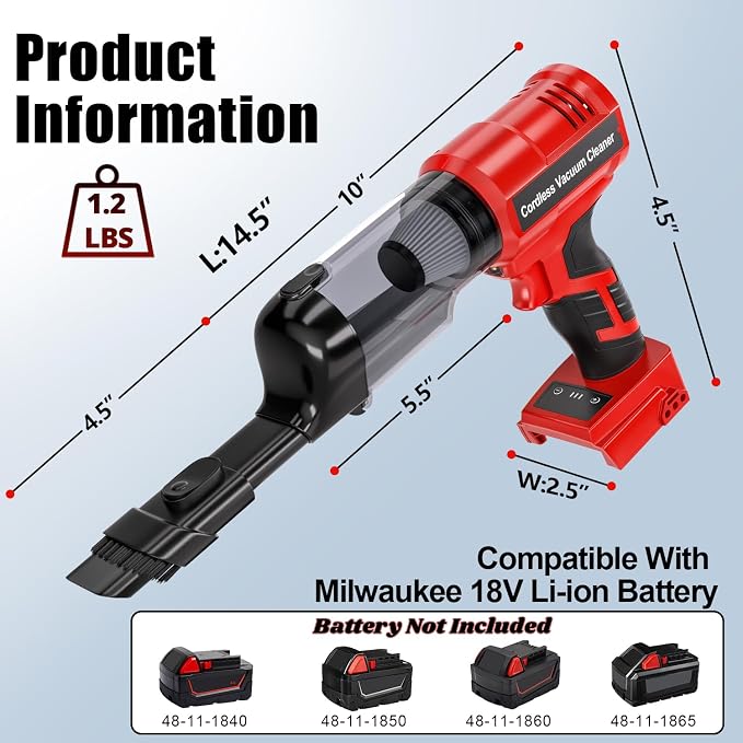 Cordless Handheld Vacuum Cleaner for Milwaukee 18V Battery: 3-Speed Modes Portable Vacuum with 20kPa 105AW Powerful Suction for Car, Pet Hair, Home Cleaning (Tool Only)
