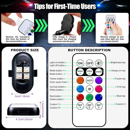 Upgraded Wireless LED Lights for Car, Rechargeable Interior Car Lights with 8 Colors Brightness Adjustable, 12H Battery Life, Remote Control, Mini Strobe Lights for Vehicle Motorcycle Bike Decor