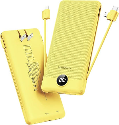 VEGER Portable Charger Power Bank with Built-in AC Plug and Cables, All in One 10000mAh Ultra Slim Travel Essentials, Fast Charging Battery Pack Compatible with iPhone, Samsung, Android, Yellow