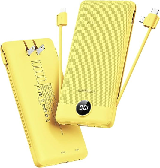 VEGER Portable Charger Power Bank with Built-in AC Plug and Cables, All in One 10000mAh Ultra Slim Travel Essentials, Fast Charging Battery Pack Compatible with iPhone, Samsung, Android, Yellow