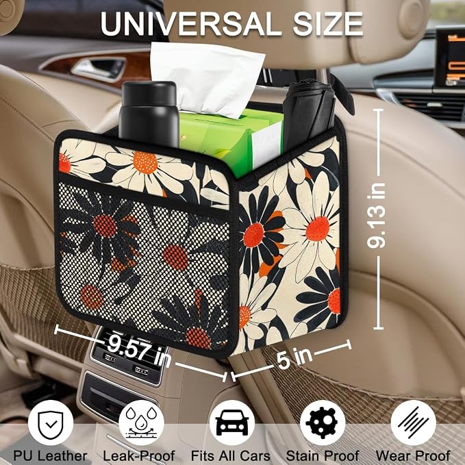 Car Backseat Organizer, PU Leather Back of Seat Cars Hanging Organizer with Pockets Leakproof Car Garbage Bag Hanging Cars Seat Storage Box Travel Accessories Foldable (Flower Orange)