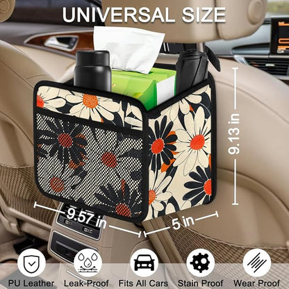 Car Backseat Organizer, PU Leather Back of Seat Cars Hanging Organizer with Pockets Leakproof Car Garbage Bag Hanging Cars Seat Storage Box Travel Accessories Foldable (Flower Orange)