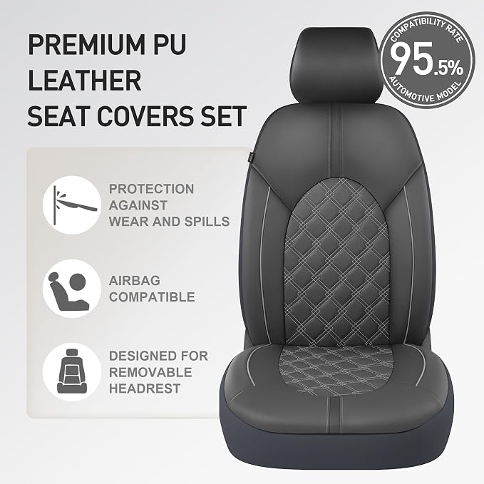 CAROMOP Luxury PU Leather Car Seat Covers Full Set-Waterproof Seat Protectors with Split Bench Seat Covers for Cars-Universal Cars Interior Covers for Sedans, SUVs, Pick-up Trucks(Gray/Gray Line)