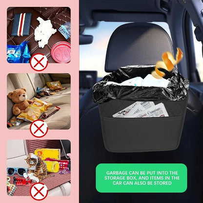 Car Seat Back Organizer, Leather Backseat Hanging Storage Bag, Multipurpose Car Hanging Trash Bag with 2 Compartments, Car Large Capacity Pouch Pocket for Kids & Adults (Black)