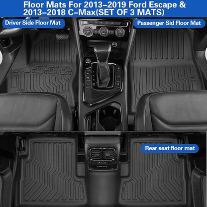 All Weather Rubber Floor Mats Compatible with 2013-2019 Ford Escape & 2013-2018 C-Max, 3Pcs Car Automotive Floor Mats & Cargo Liners Black (2013-2019 Escape & C-Max)