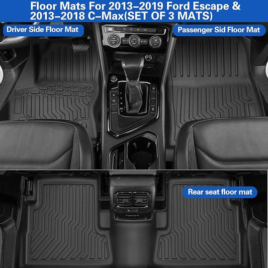 All Weather Rubber Floor Mats Compatible with 2013-2019 Ford Escape & 2013-2018 C-Max, 3Pcs Car Automotive Floor Mats & Cargo Liners Black (2013-2019 Escape & C-Max)