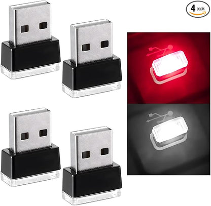 Augeny 4 PCS USB LED Car Interior Atmosphere Lamp, Plug-in USB Decor Night Light, Portable Auto Ambient Lighting Kit, Universal Vehicle Interior Accessories for Most Cars (White & Red)