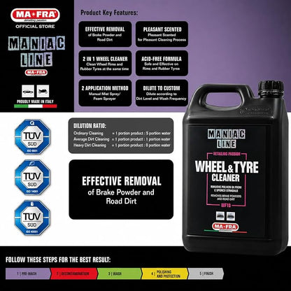 MANIAC LINE MAFRA Wheel and Tyre Cleaner | Two in One for Rims and Tires | Removes Brake Dust and Road Grime | Safe on Alloy Painted and Clear Coated Wheels | Even Wetting | 5 Liters