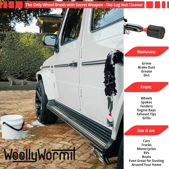 Woollywormit Wheel Cleaning Brush Car Detailing Kit - Rim Brush, Lug Nuts and Wheel Cleaner Brush Car Wash Kit -Tire Brushes for Cleaning Rims - Car Cleaning Supplies and Rim Cleaner Brush Set