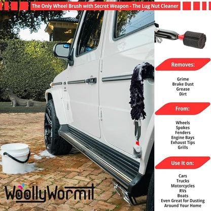 Woollywormit Wheel Cleaning Brush Car Detailing Kit - Rim Brush, Lug Nuts and Wheel Cleaner Brush Car Wash Kit -Tire Brushes for Cleaning Rims - Car Cleaning Supplies and Rim Cleaner Brush Set