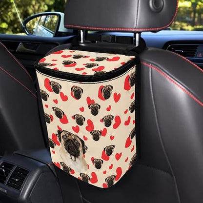 Talayituse Pug Dog Pattern Car Trash Can, Portable Auto Garbage Bin Multifunctional Vehicle Interior Accessories with Adjustable Straps Universal Fit Truck SUV Sedan