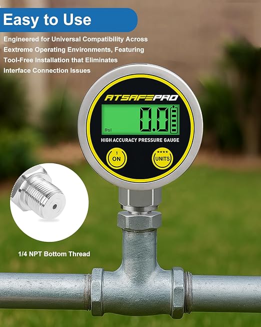 Digital Pressure Gauge-1000psi Range,2.9-Inch LCD Dial,1/4 Inch NPT Bottom Thread Stainless Steel Water Pressure Gauge,Suitable for Measuring Hydraulic, Oil, Water, and Air Pressure