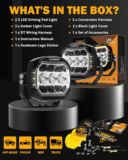 Auxbeam 5Inch LED Offroad Lights, 270° Ultra-Wide Ditch Lights Side Shooter Driving Pods with W/A DRL+Turn Signal Light, 174W XP-Ultra Series Spot Flood Combo Cube Fog Light with Yellow/Black Cover