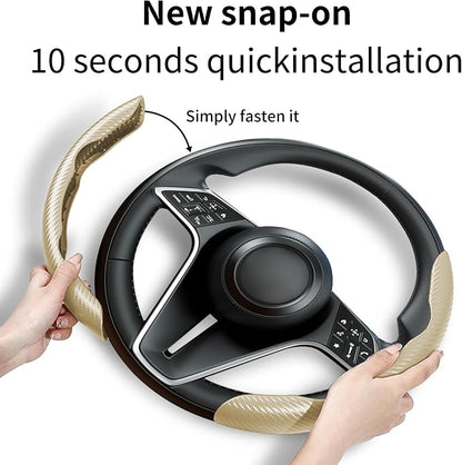 Carbon Fiber Steering Wheel Cover, 2-Piece Set Anti-Skid Comfortable Grip Segmented Butterfly Design, Easy Snap-On Installation Universal Fit 99% Cars, Beige