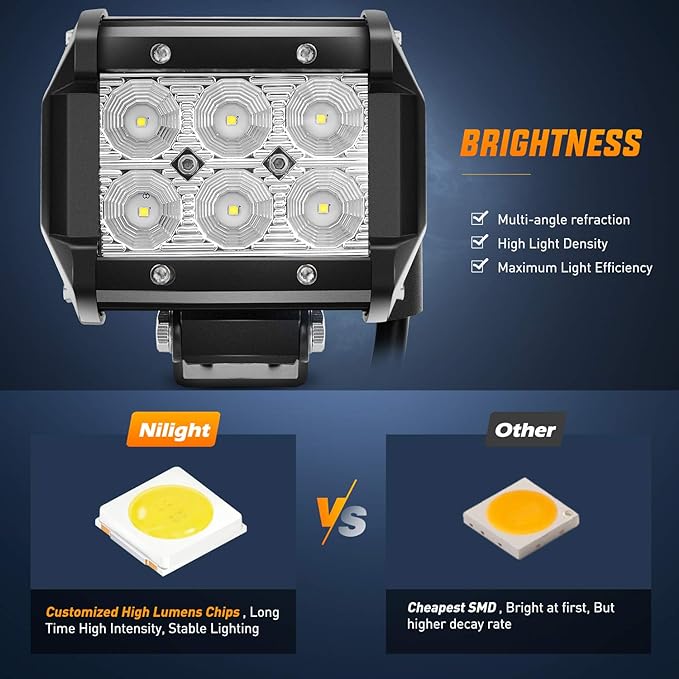 Nilight Led Pods 2Pcs 18W 1260LM Flood Off Road Lights Super Bright Driving Work Fog Lamps for Trucks Pickup Golf Cart SUV ATV UTV 4x4 Van Camper Boat