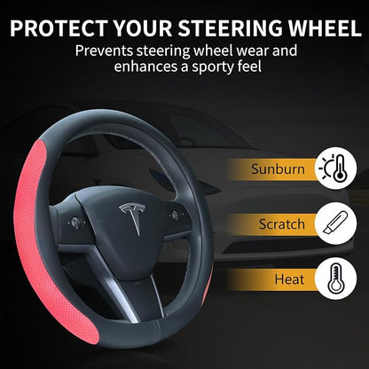Uxcer Nappa Leather Steering Wheel Cover for Tesla Model 3/Y 2016-2025 2026 Juniper/Highland, Non-Slip Breathable Tesla Model 3/Y Steering Wheel Protector, Red