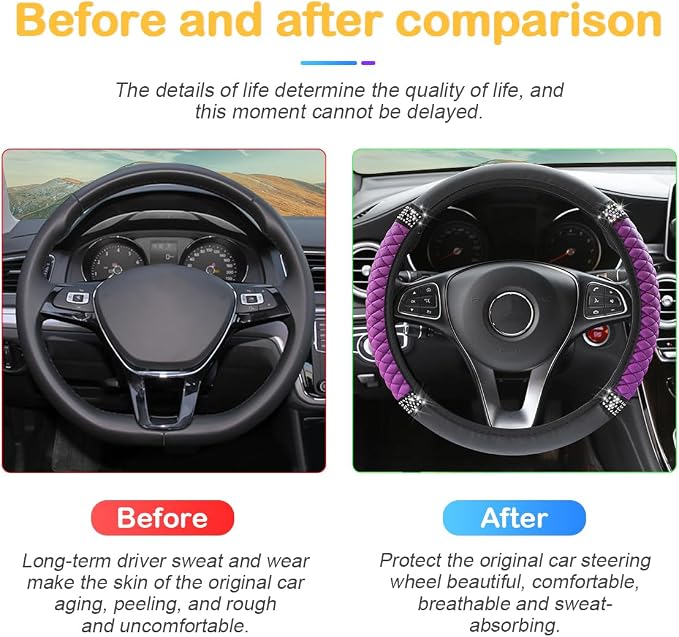 Osilly Bling Car Steering Wheel Cover, 15 Inch Rhinestones Soft Leather Elastic Steering Wheel Protector, Sparkly Crystal Diamond for Women Girls, Car Interior Accessories for Most Cars (Purple)