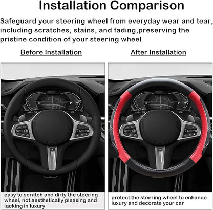 Black and Red Line Punching Car Steering Wheel Cover, Microfiber Leather Sports, 14.5-15 in Universal Leather Wheel Covers, Breathable Fashion Anti-Slip, Steering Wheels Accessories for Men Women