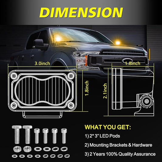 Amber LED Pods, AKD Part 3 Inch Flood CREE LED Fog Lights 40W Small Amber Chase Lights Off Road Driving Ditch Lights Pods 2 Packs for Truck Pickup Motorcycle SUV UTV ATV Dirt Bike Surron