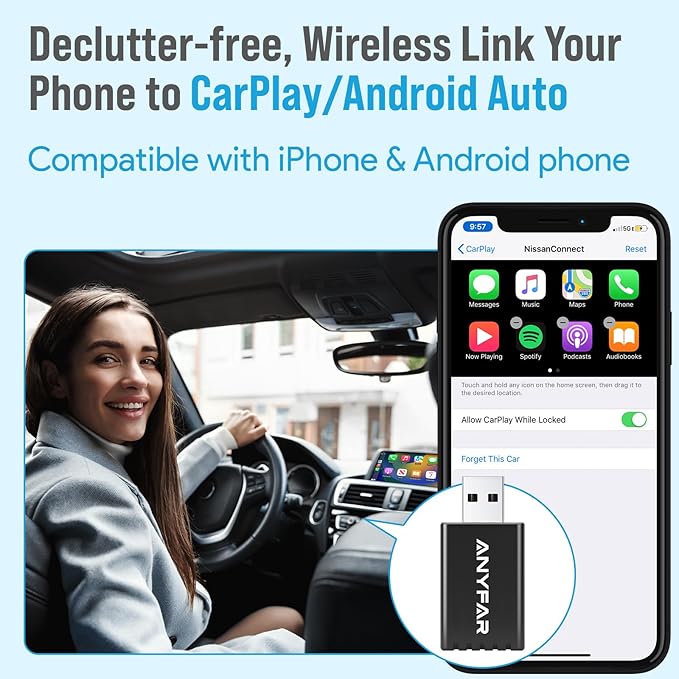 A4 Wireless CarPlay Adapter for iPhone, Android Auto for Android Phone, Dual-core 5G Chip (Upgraded), 5.8Ghz WiFi No Lag, Car Play Dongle with USB-C Cable for OEM Wired CarPlay/AndroidAuto Car 2016+